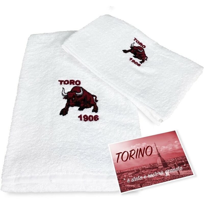 foto del prodotto coppia asciugamani ricamati toro 1906 e cartolina torino 