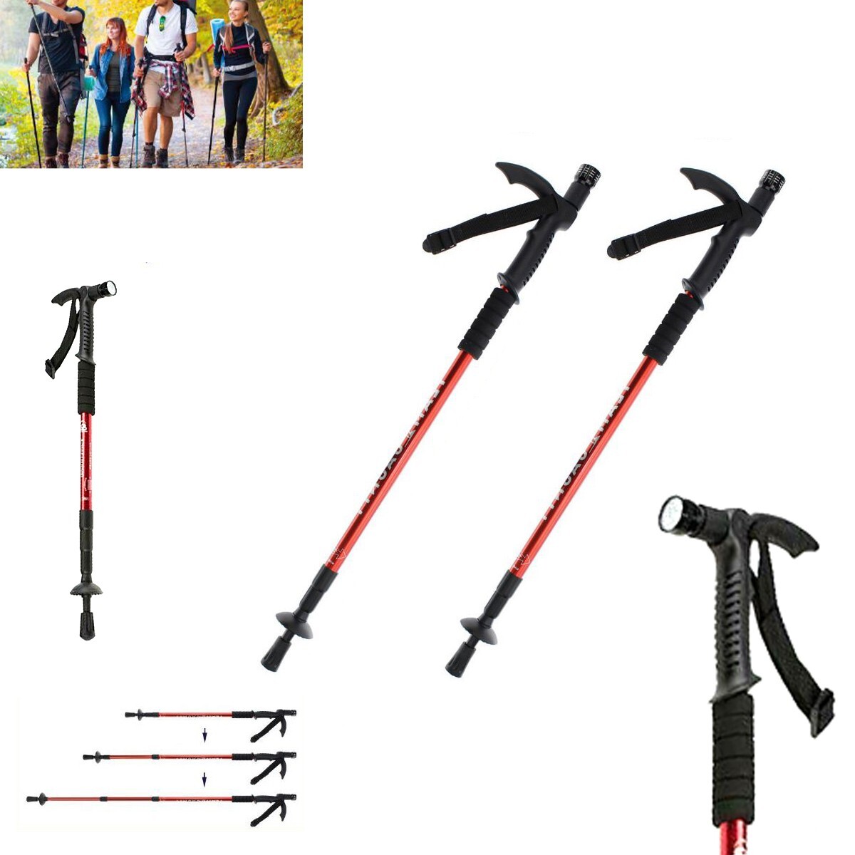 foto del prodotto coppia bastoni trekking telescopico regolabile escursioni passeggio con luce led