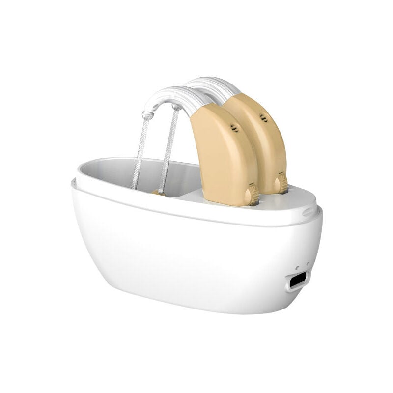 foto del prodotto coppia di apparecchi acustici, amplificatori sonori, apparecchi acustici audiphones, cuffie ricaricabili per apparecchi acustici, beige bebusingoto