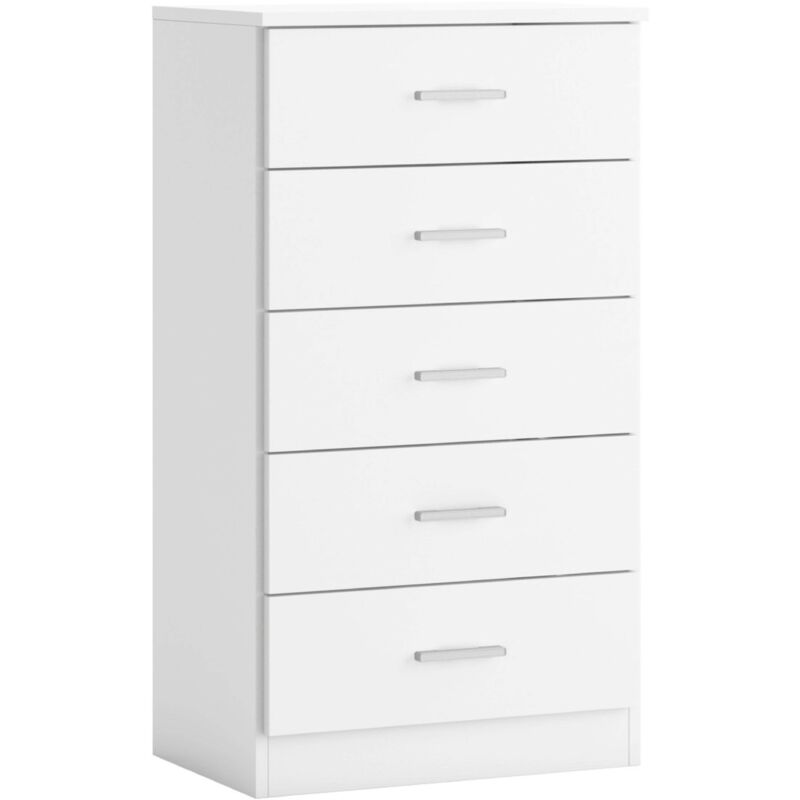 foto del prodotto coppia di cassettiere a 5 cassetti con guide e maniglie in metallo, cassettiera per camera da letto in bianco opaco, 50x90x33 cm