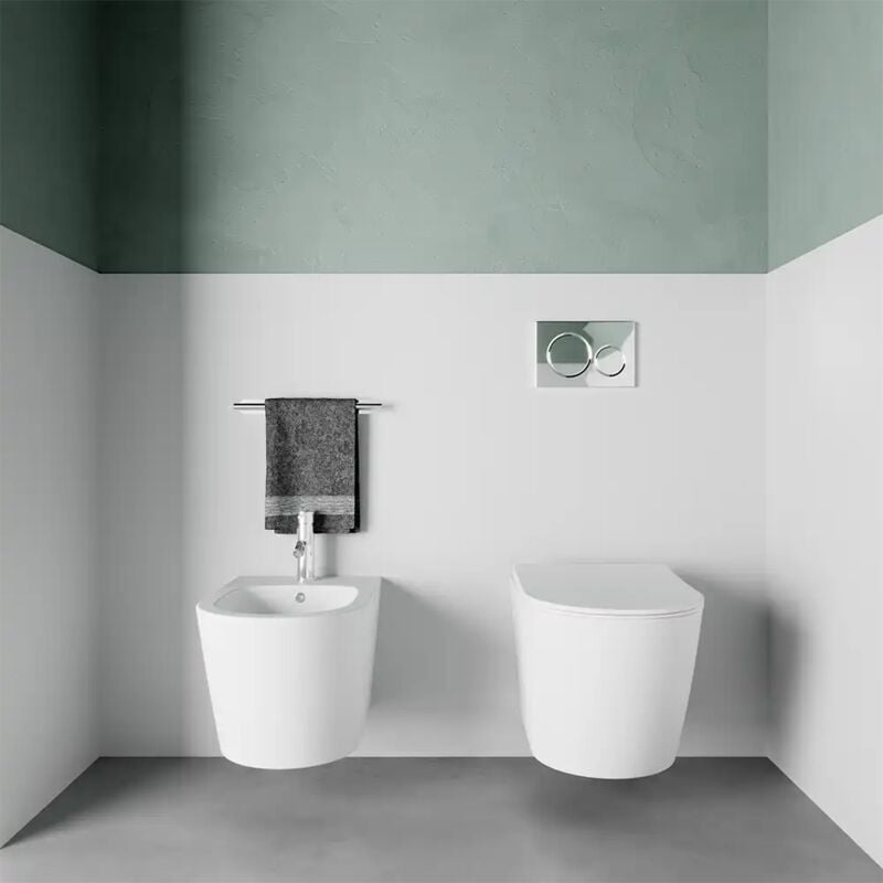 foto del prodotto coppia di coppia di sanitari sospesi in ceramica rimless bianco opaco con vaso, bidet e copriwc soft-close mod. vienna