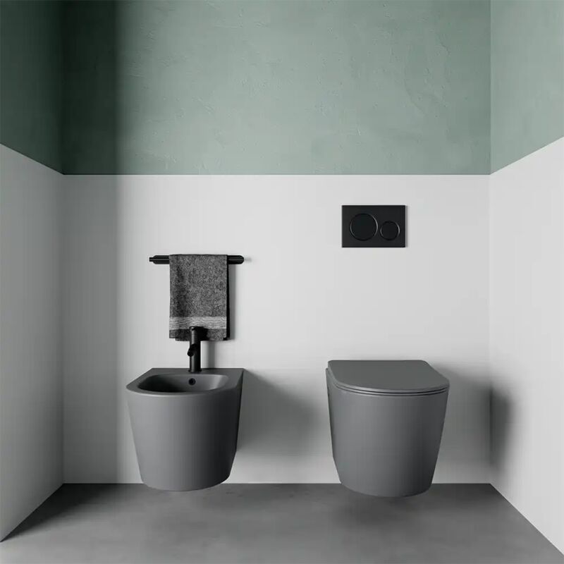 foto del prodotto coppia di coppia di sanitari sospesi in ceramica rimless grigio opaco con vaso, bidet e copriwc soft close mod. vienna