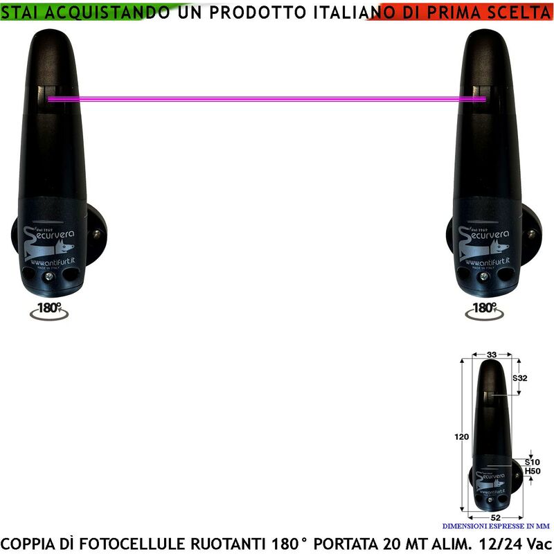 foto del prodotto coppia di fotocellule ruotabili 180 in orizzontale controllo e sicurezza cancello elettrico automatico tx e rx portata 20 metri lineari montaggio a