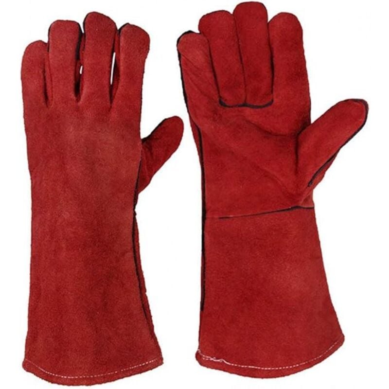 foto del prodotto coppia di guanti da saldatura resistenti al calore e resistenti all usura, foderati in pelle rossa, per stufe a legna, barbecue, grill, guanti da