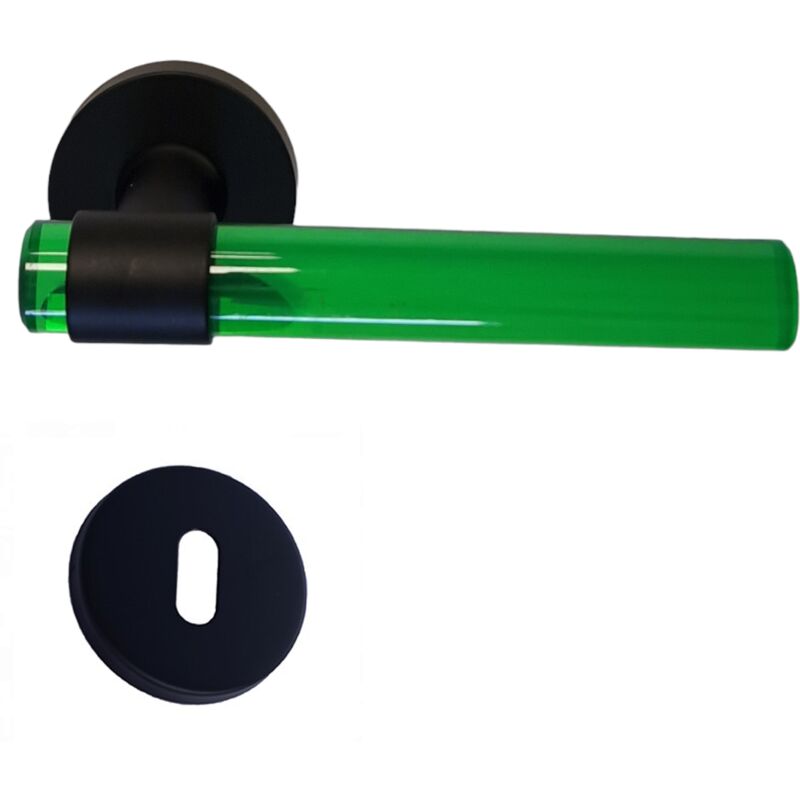 foto del prodotto coppia di maniglie per porte joy tubi in cristalina verde piedini in acciaio inox nero 1 coppia di rose con foro per la chiave