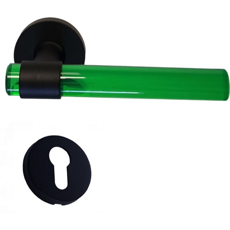 foto del prodotto coppia di maniglie per porte joy tubi in cristalina verde piedini in acciaio inox nero 2 rose a cilindro