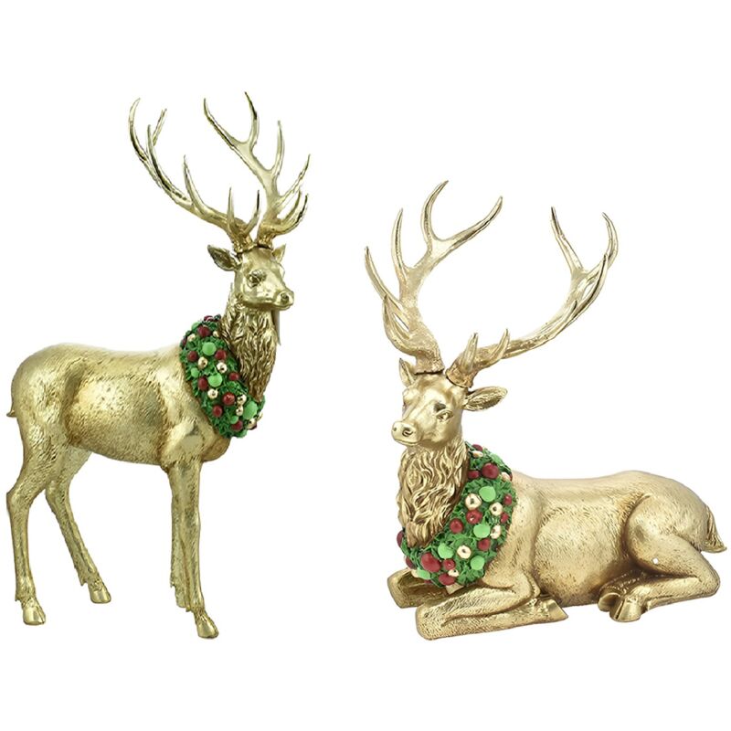 foto del prodotto coppia di renne natalizie in oro alzata e seduta eleganti decorazioni natalizie idea regalo particolare