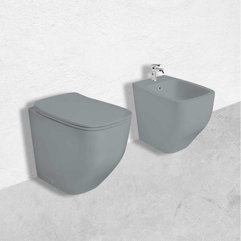 foto del prodotto coppia di sanitari filo muro in ceramica grigio opaco mozart