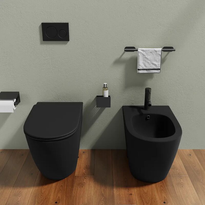 immagine 0 del prodotto coppia di sanitari filomuro in ceramica nero opaco vaso rimless con copriwc soft close e bidet mod. europa