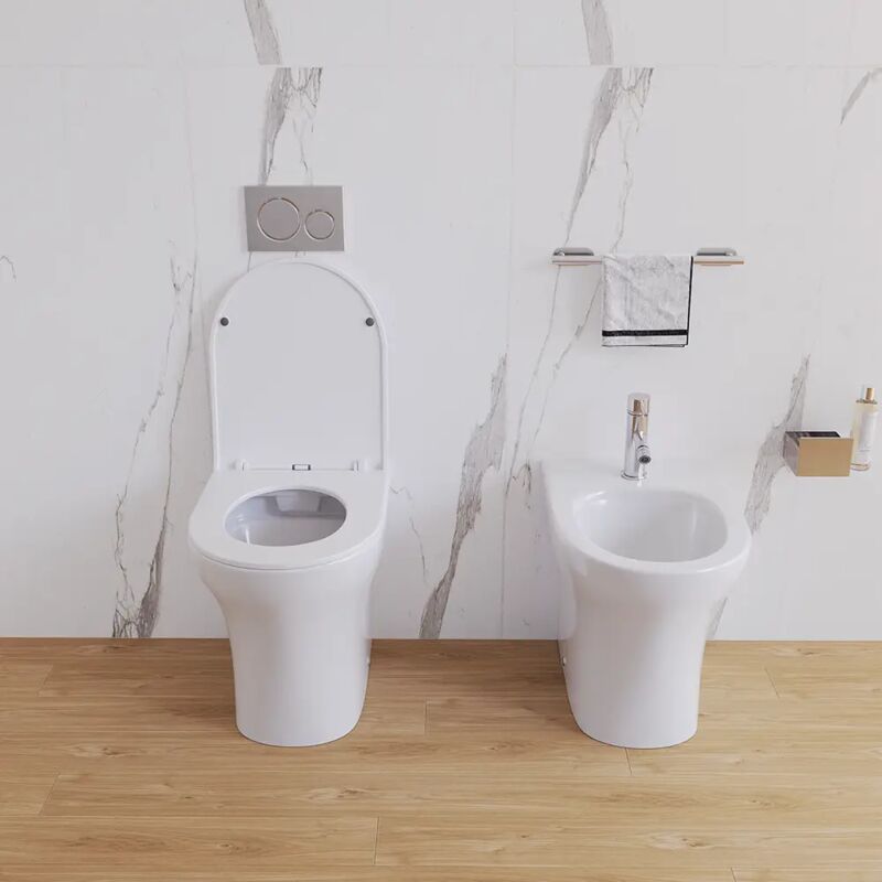 foto del prodotto coppia di sanitari filomuro rimless in ceramica bianco lucido vaso bidet e copriwc soft close mod. nassau