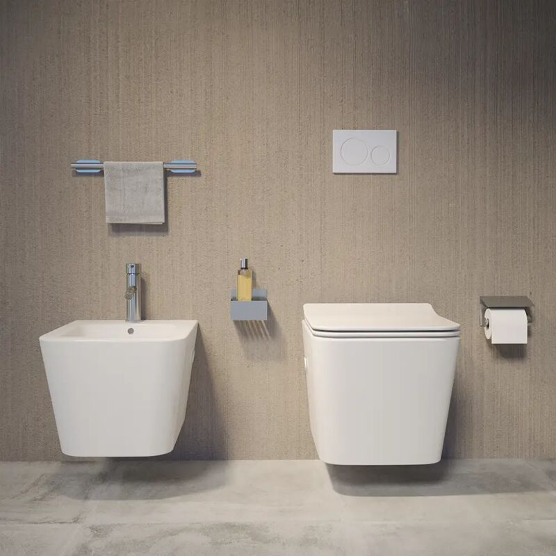 foto del prodotto coppia di sanitari sospesi in ceramica bianco lucido vaso rimless con copriwc soft close e bidet mod. londra