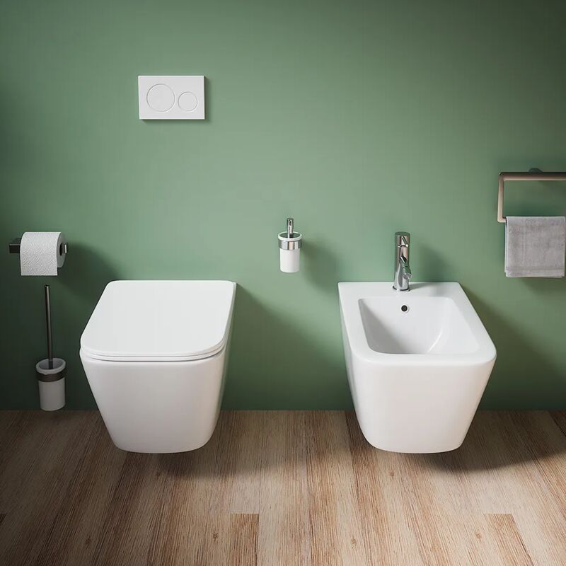 foto del prodotto coppia di sanitari sospesi in ceramica bianco opaco vaso rimless con sedile soft close e bidet mod. kyoto
