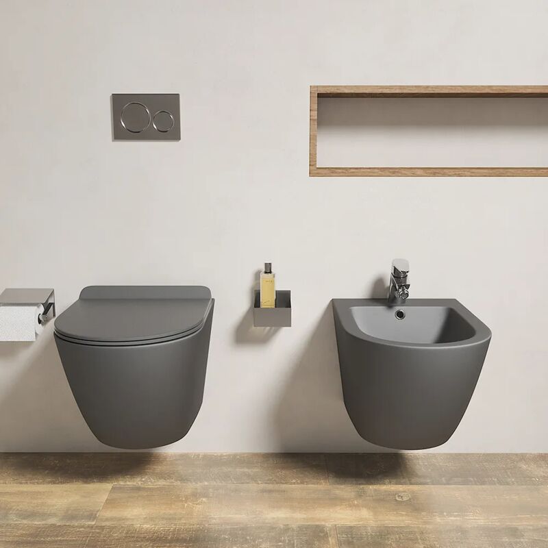 foto del prodotto coppia di sanitari sospesi in ceramica grigio opaco rimless vaso, sedile con chiusura rallentata e bidet mod. parigi