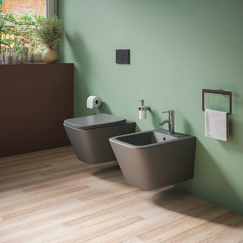 foto del prodotto coppia di sanitari sospesi in ceramica grigio opaco vaso rimless con sedile soft close e bidet mod. kyoto