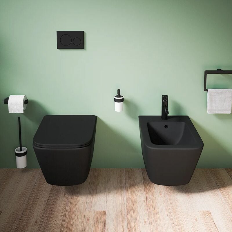 foto del prodotto coppia di sanitari sospesi in ceramica nero opaco vaso rimless con sedile soft close e bidet mod. kyoto