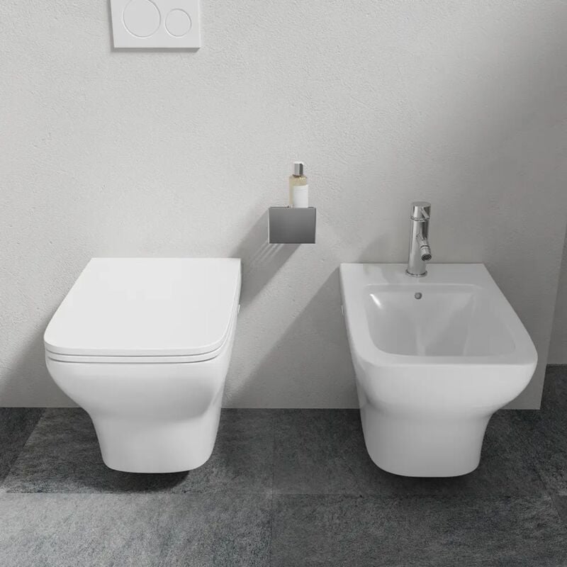 foto del prodotto coppia di sanitari sospesi rimless in ceramica bianca con vaso, bidet e copriwc soft-close mod. havana