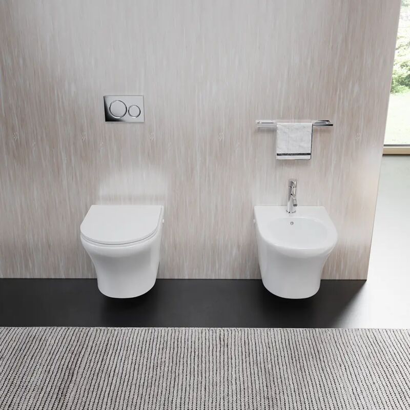 foto del prodotto coppia di sanitari sospesi rimless in ceramica bianco lucido con vaso, bidet e copriwc soft close mod. nassau
