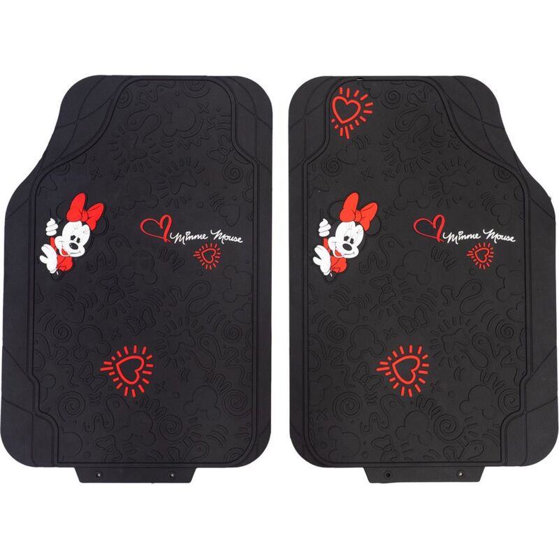 foto del prodotto coppia di tappetini per auto minnie mouse in pvc, universali, 44 x 65 cm, di colore nero e rosso
