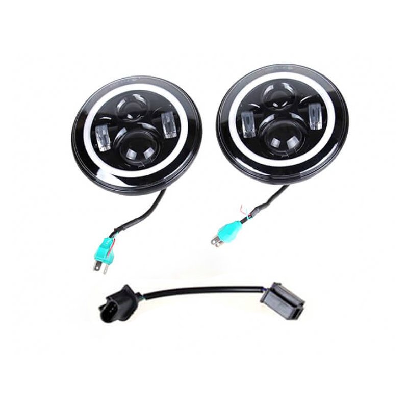 foto del prodotto coppia faro led rotondo 7 pollici con drl angel eyes per jeep wrangler jk tj harley davidson fj benz g55 suzuki jimny land rover defender