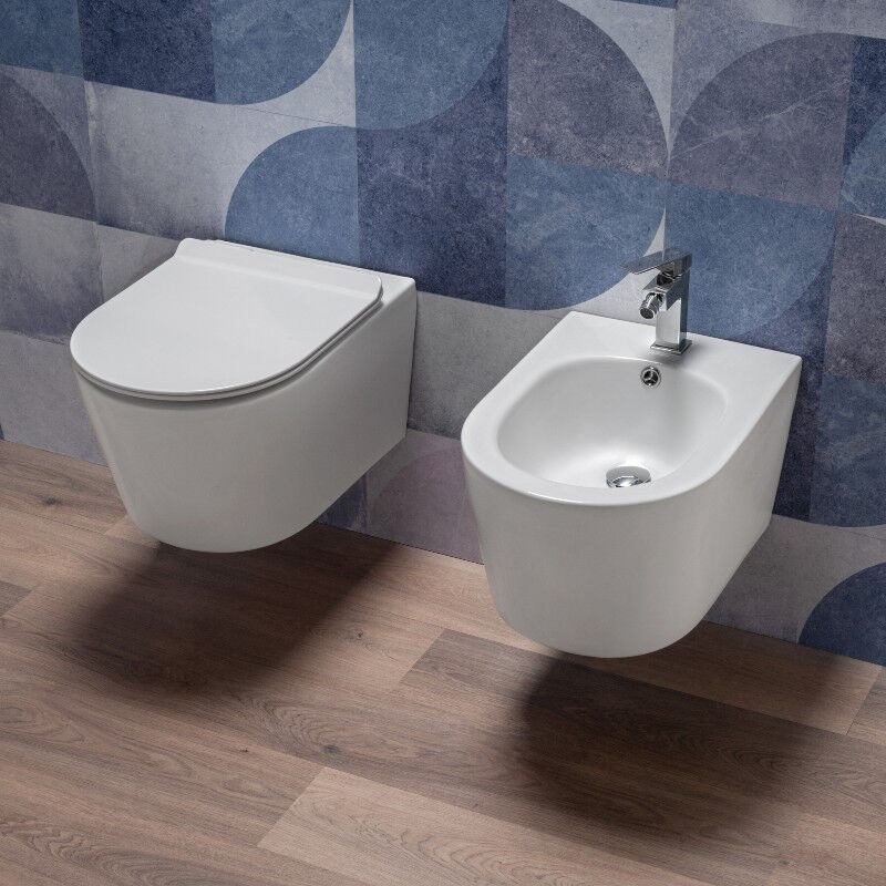 foto del prodotto coppia sanitari sospesi rimless senza brida con sedile softclose kerm
