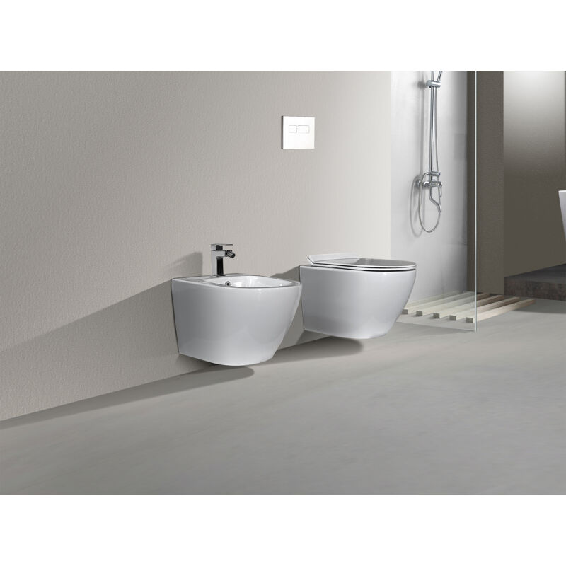 foto del prodotto coppia sanitari sospesi rimless senza brida linea tonda dimensioni ridotte coprivaso soft close nala