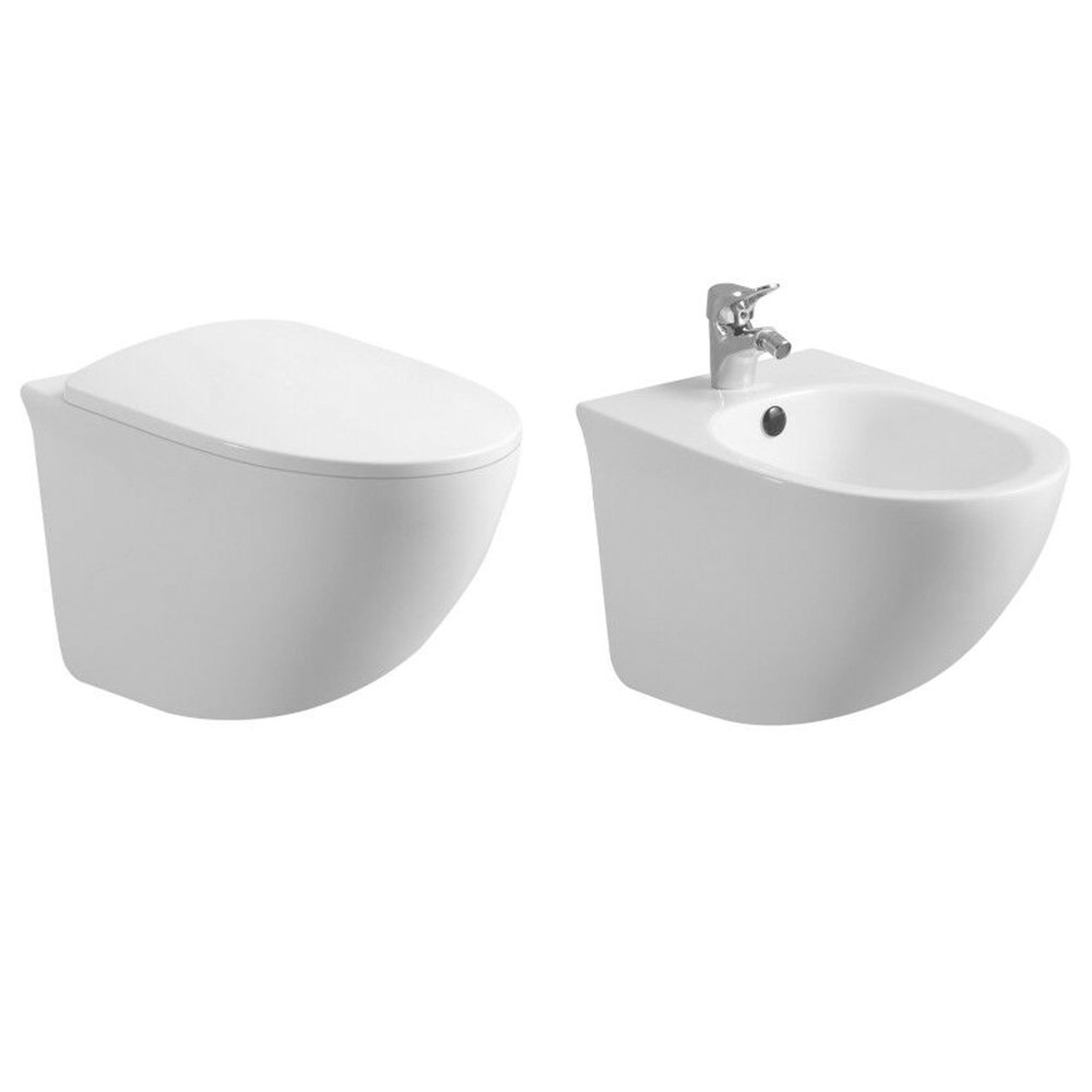foto del prodotto coppia sanitari sospesi rimless senza brida serie flipper coprivaso soft close incluso