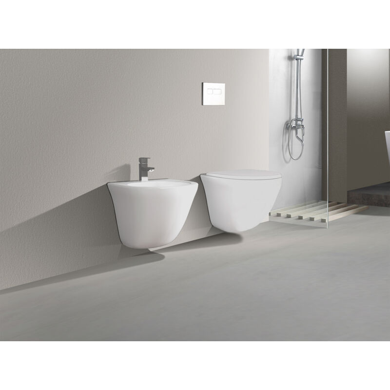 foto del prodotto coppia sanitari sospesi rimless senza brida serie flipper coprivaso soft close incluso nala