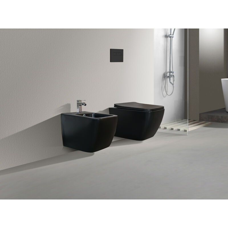 foto del prodotto coppia sanitari sospesi rimless senza brida serie new edge nero opaco coprivaso soft close incluso nala