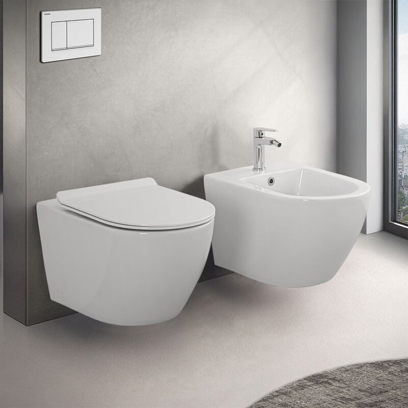 foto del prodotto coppia sanitari sospesi rimless serie tokyo con copriwc rallentato