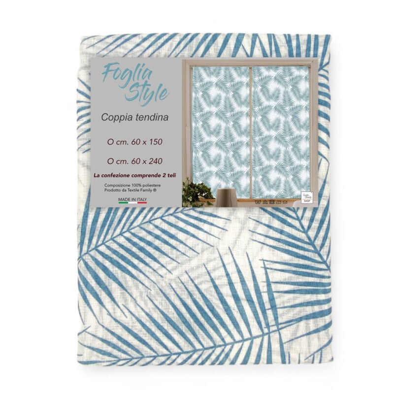 foto del prodotto coppia tendina a vetro foglia style blu larga cm. 60 da finestra e da porta coppia 2 teli cm. 60x240