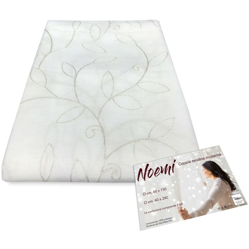 foto del prodotto coppia tendina noemi ricamo moderno foglia bianco coppia 2 teli cm. 60x240