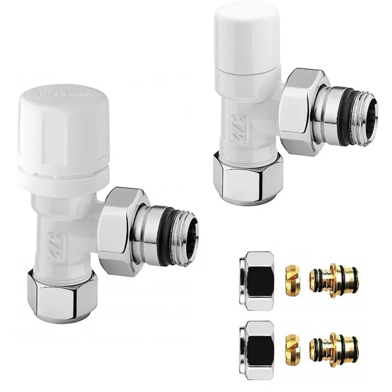 foto del prodotto coppia valvola termostatica e detentore bianchi con raccordi multistrato 16x2