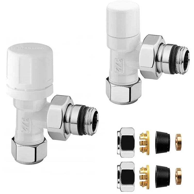 foto del prodotto coppia valvola termostatica e detentore bianco con raccordo rame 12 mm