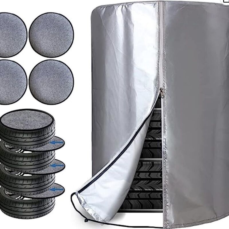 foto del prodotto copri pneumatici per auto 73x110 cm , copri pneumatici stagionale impermeabile e antipolvere per 4 pneumatici, copri pneumatici argento oxford 210d