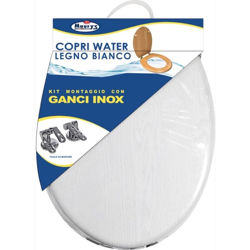 foto del prodotto copri water wc colore legno bianco kit di montaggio con ganci inox extra resistente maury s