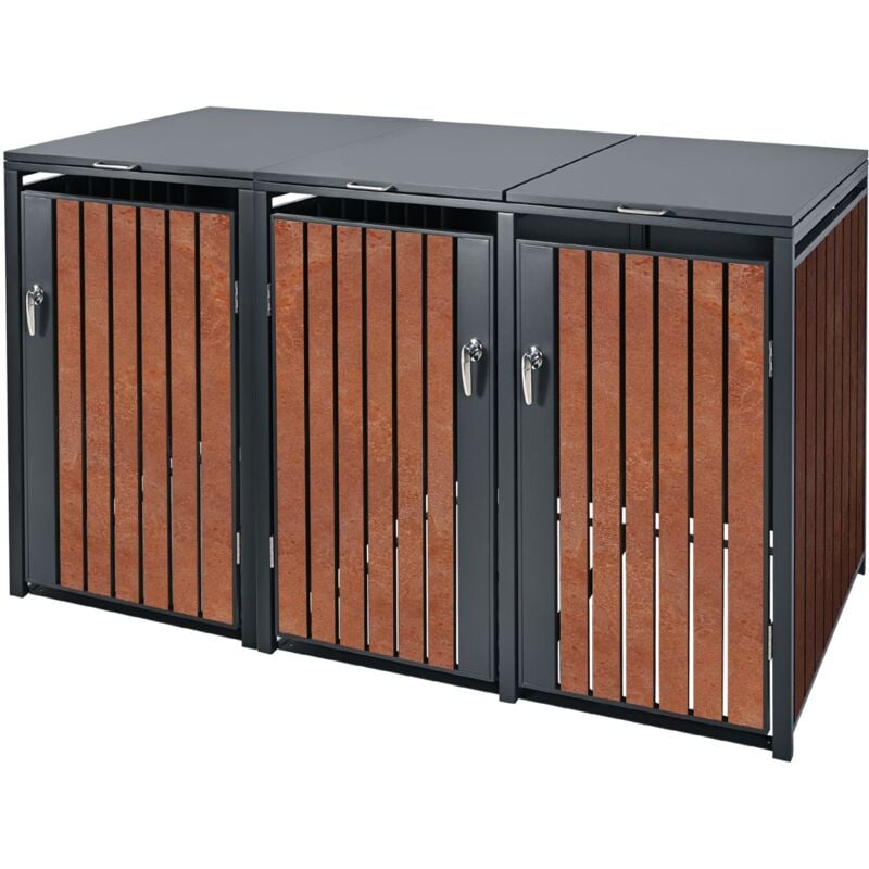 foto del prodotto copribidoni per 3 bidoni di spazzatura 240l 200x80x116,3 cm antracite effetto ruggine in acciaio box per rifiuti copribidone 3 porte per pattumiera