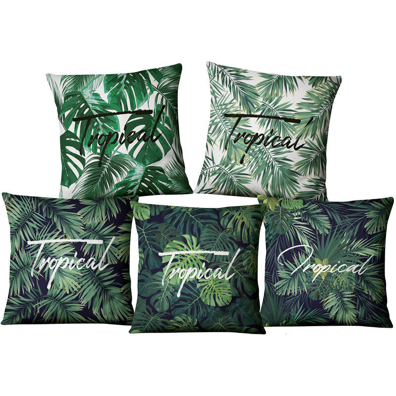 foto del prodotto copricuscini con foglie tropicali verdi, 4545 cm, set di 5 federe decorative quadrate, copricuscini con palme estive, federa estiva per la