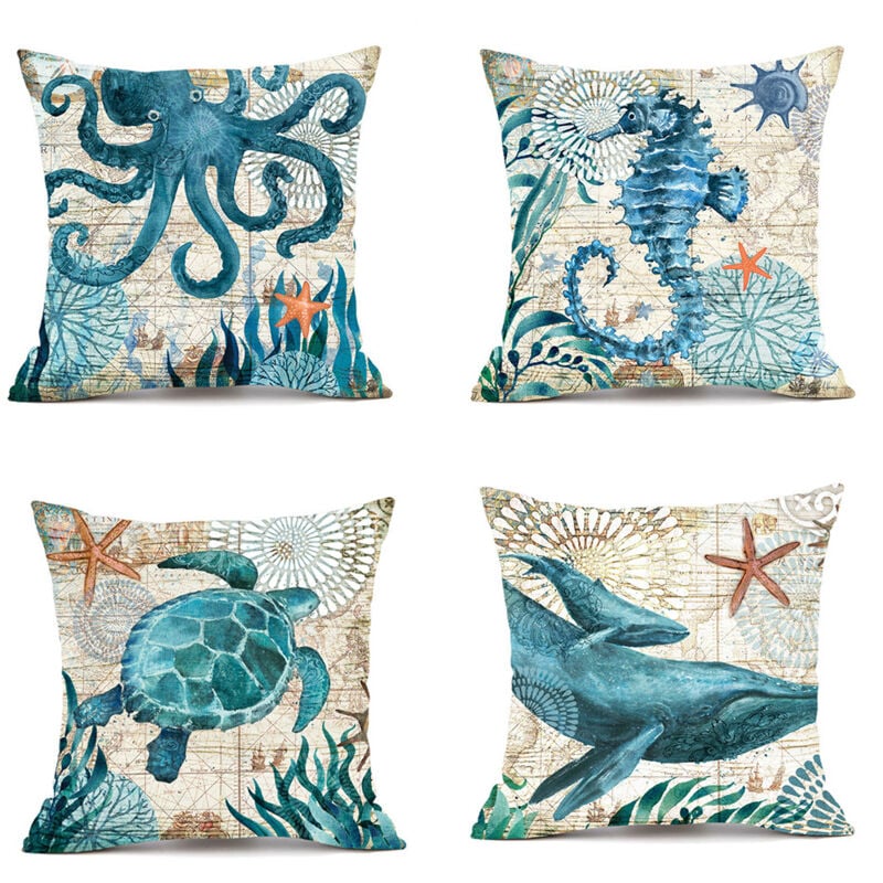foto del prodotto copricuscino per esterni 45x45cm, set di 4 federe impermeabili con motivo a vita marina blu per divano, per patio, giardino, soggiorno, camera da