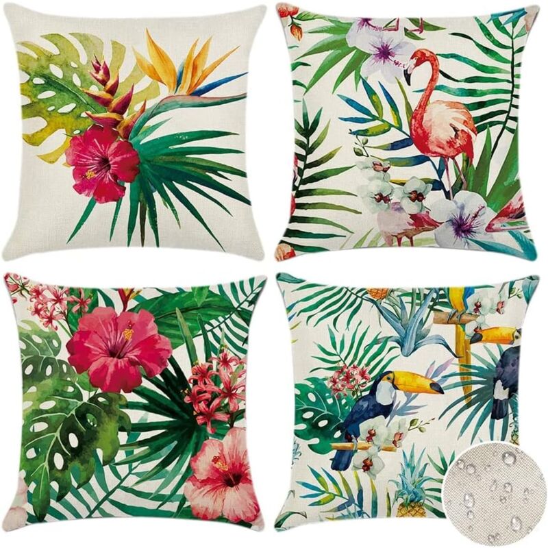 foto del prodotto copricuscino per esterni, set di 4 federe impermeabili con motivo a piante tropicali, fiori e uccelli, per divano, patio, giardino, soggiorno, camera