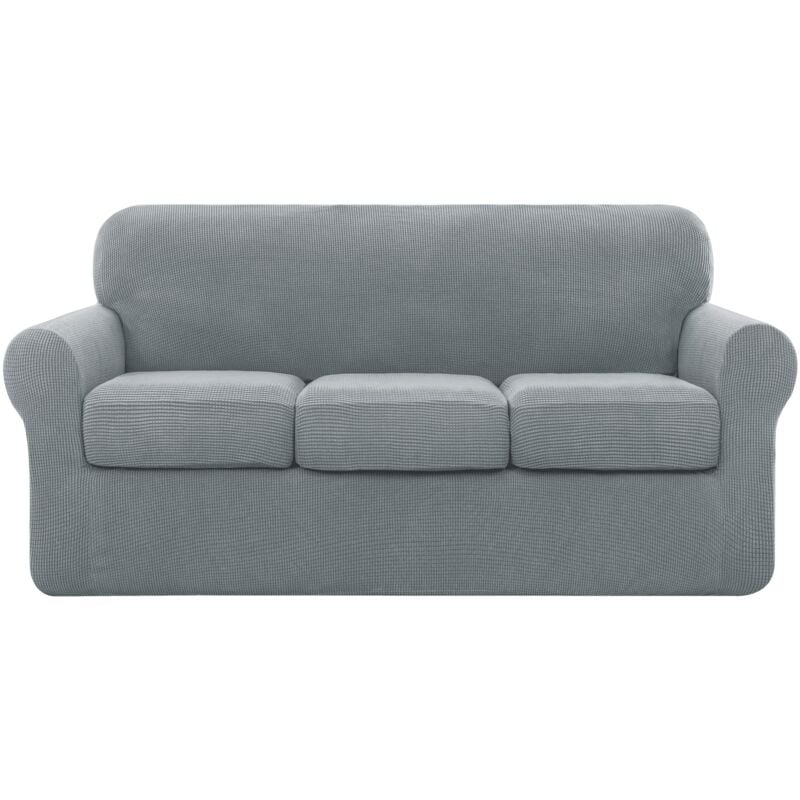 foto del prodotto copridivano 3 posti con 3 copricuscini, copridivano elasticizzato tre posti a prova di graffio lavabile 3 posti, grigio chiaro subrtex