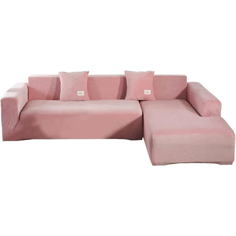foto del prodotto copridivano componibile a forma di l in velluto elasticizzato, 1 pezzo, con 2 federe per cuscini velluto rosa sollbry