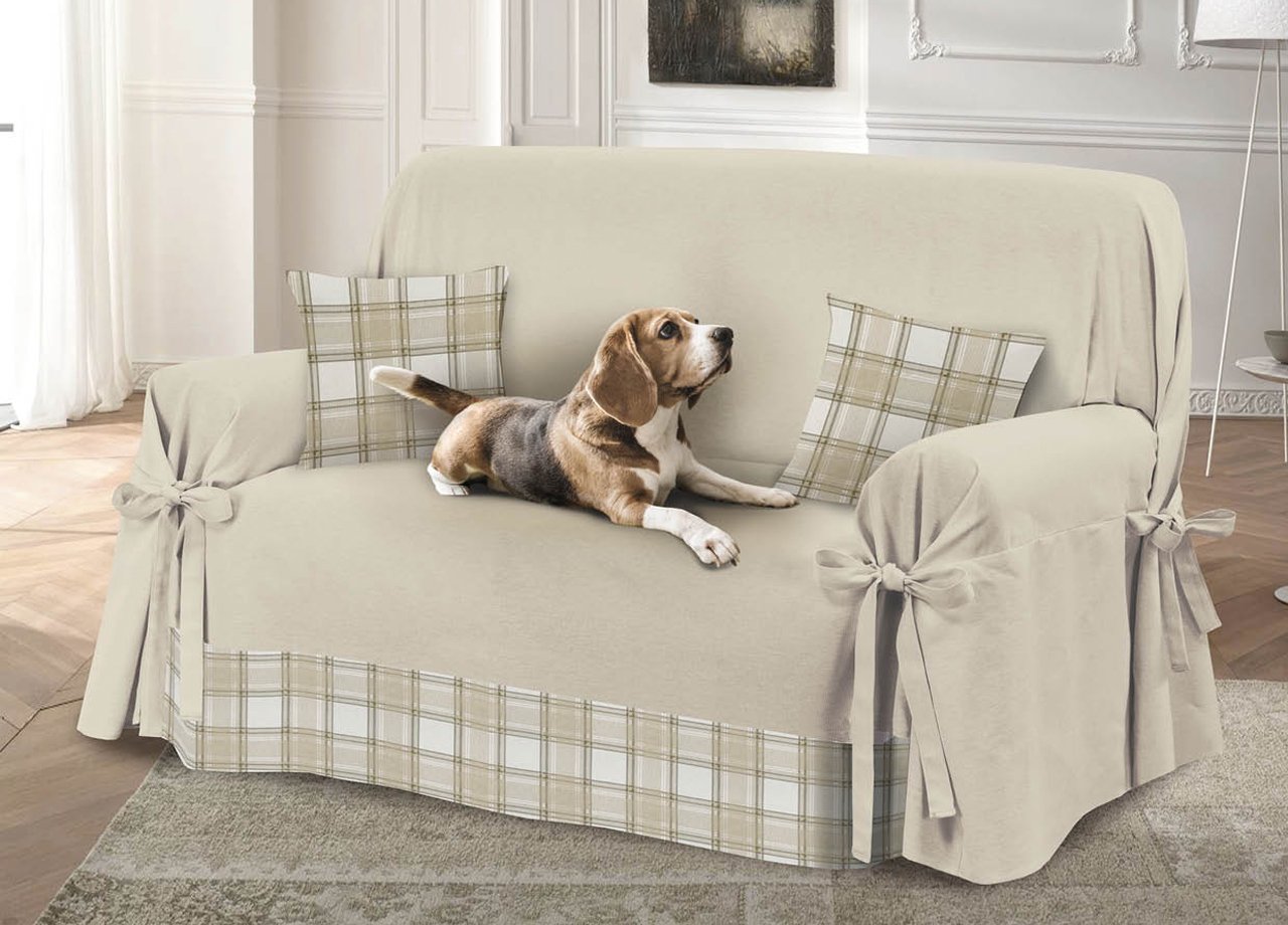 foto del prodotto copridivano con laccetti disegno scozia colore beige modello o.b. 3 posti scozia