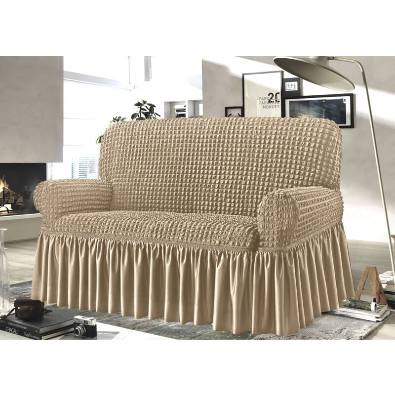 foto del prodotto copridivano elasticizzato arricciato con volants tinta unita mod luxory beige, misura2 posticolorebeige