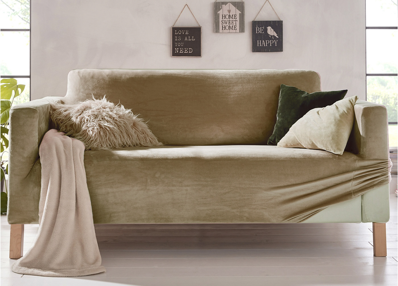 foto del prodotto copridivano elasticizzato effetto velluto modello morbidissimo colore beige 2 posti beige