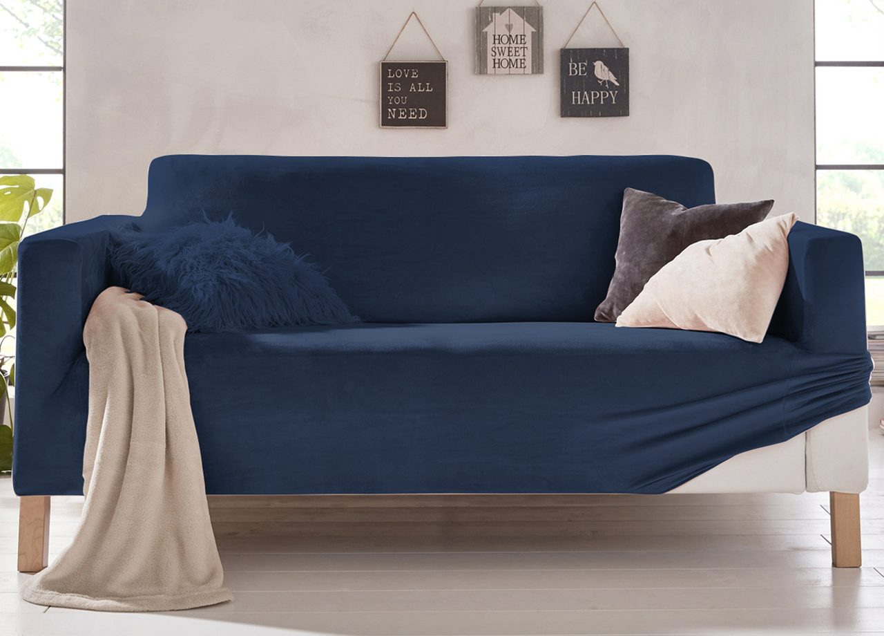 foto del prodotto copridivano elasticizzato effetto velluto modello morbidissimo colore blu - 2 posti - blu