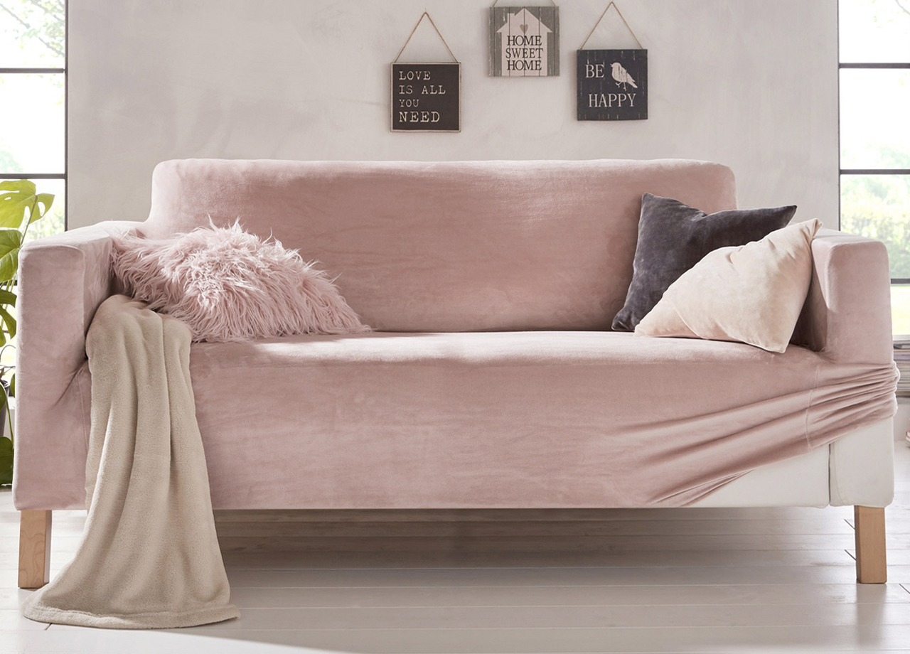 foto del prodotto copridivano elasticizzato effetto velluto modello morbidissimo colore cipria - 4 posti - cipria