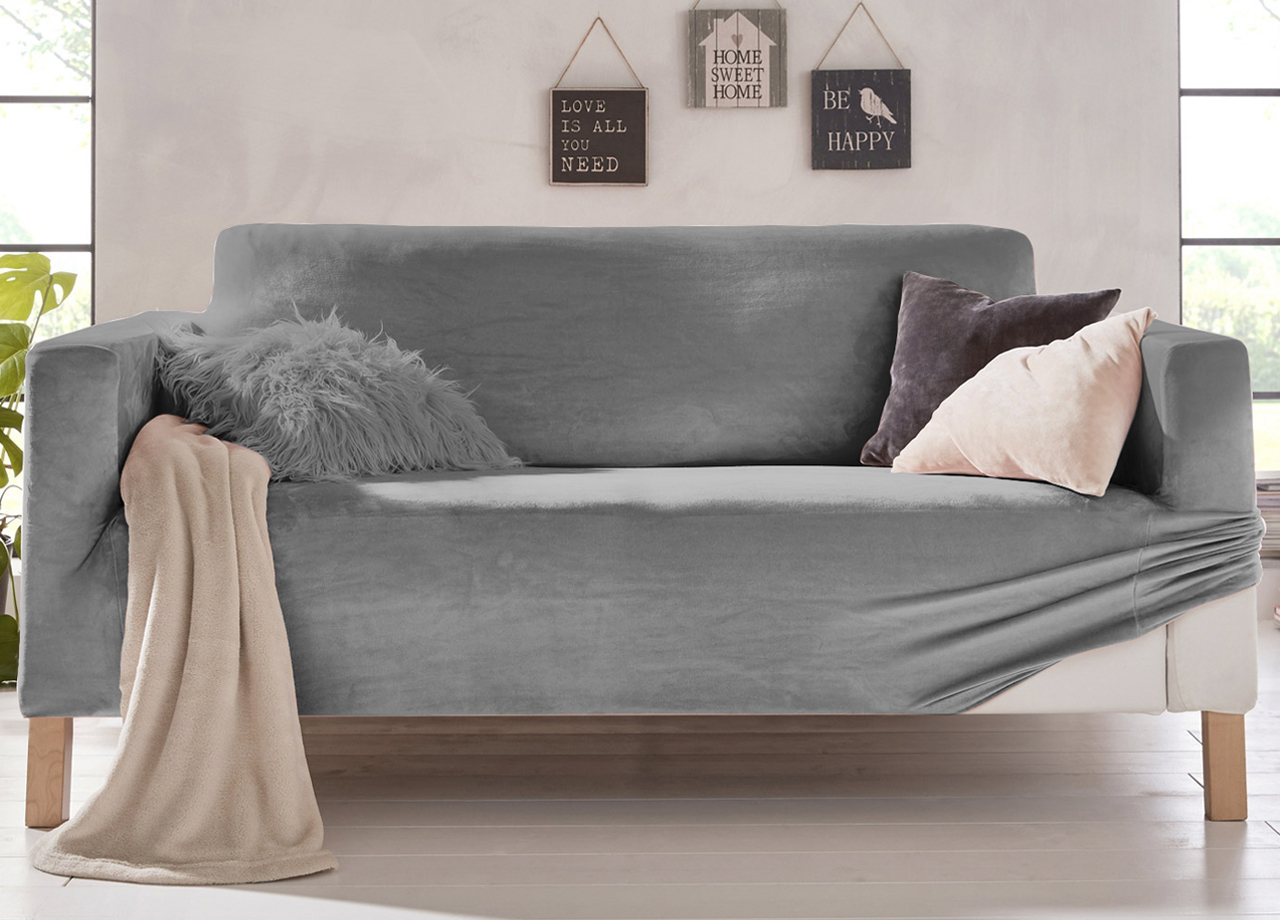 foto del prodotto copridivano elasticizzato effetto velluto modello morbidissimo colore grigio 4 posti grigio