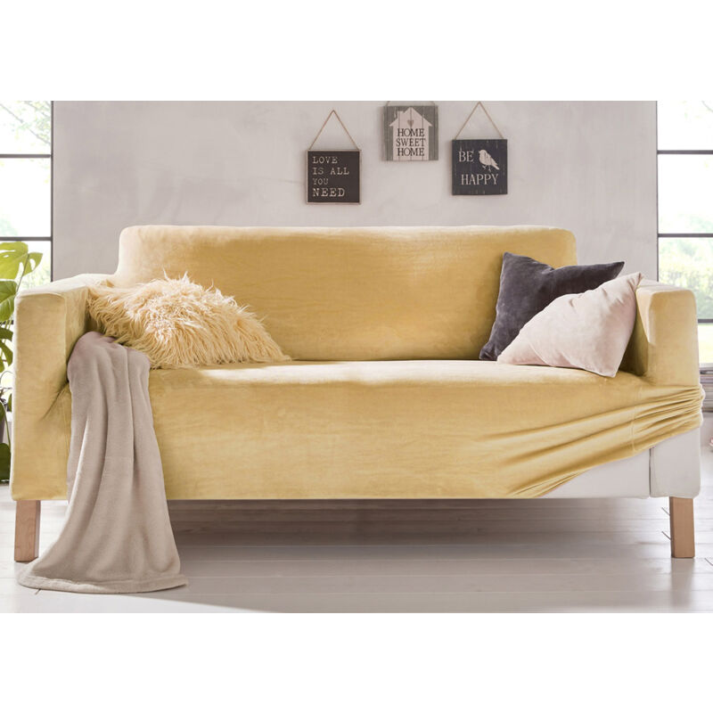 foto del prodotto copridivano elasticizzato effetto velluto modello morbidissimo colore oro, misura4 posticoloreoro