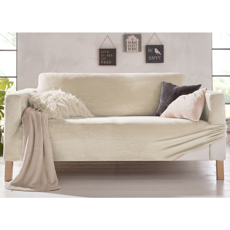 foto del prodotto copridivano elasticizzato effetto velluto modello morbidissimo colore panna, misurapoltronacolorepanna