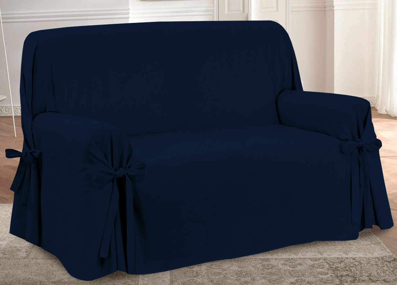 foto del prodotto copridivano fodera telo protezione divano con laccetti fiocco disegno prezioso blu poltrona blu